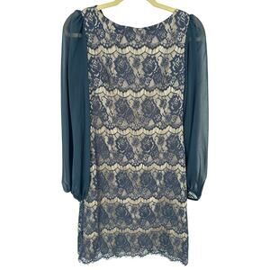 Eliza J Petrol Blue Lace Balloon Sleeve Sheer Dress Size 4 Formal Wedding Guest